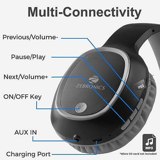 ZEBRONICS Zeb-Thunder Bluetooth Wireless Over Ear Headphone FM, mSD, 9 hrs Playback with Mic (Black) ZEBRONICS Zeb-Thunder Bluetooth Wireless Over Ear Headphone FM, mSD, 9 hrs Playback with Mic (Black)